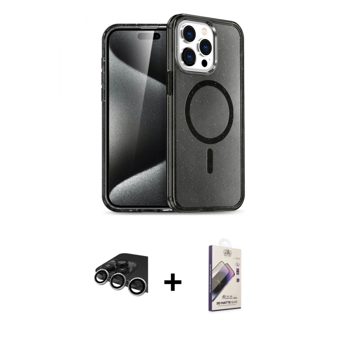 MARSİLYAN™- iPhone 14 Pro Max Kılıf Nova Asil Prime - Siyah Bilvis 3D Mat Cam Ekran Koruyucu + Raze Metal Kamera Lens - GS