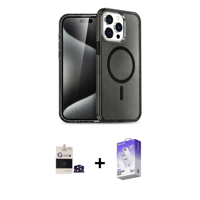 MARSİLYAN™- iPhone 14 Pro Max Kılıf Nova Asil Prime - Siyah Bilvis 5in1 3D Magic Cam Ekran Koruyucu + Bilvis Titan Kamera Lens - DNMR