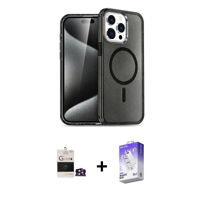 MARSİLYAN™- iPhone 14 Pro Max Kılıf Nova Asil Prime - Siyah Bilvis 5in1 3D Magic Cam Ekran Koruyucu + Bilvis Titan Kamera Lens - GD