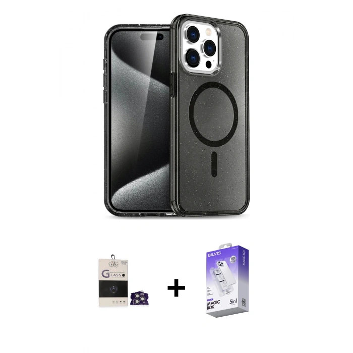 MARSİLYAN™- iPhone 14 Pro Max Kılıf Nova Asil Prime - Siyah Bilvis 5in1 3D Magic Cam Ekran Koruyucu + Gümüş Bilvis Titan Kamera Lens
