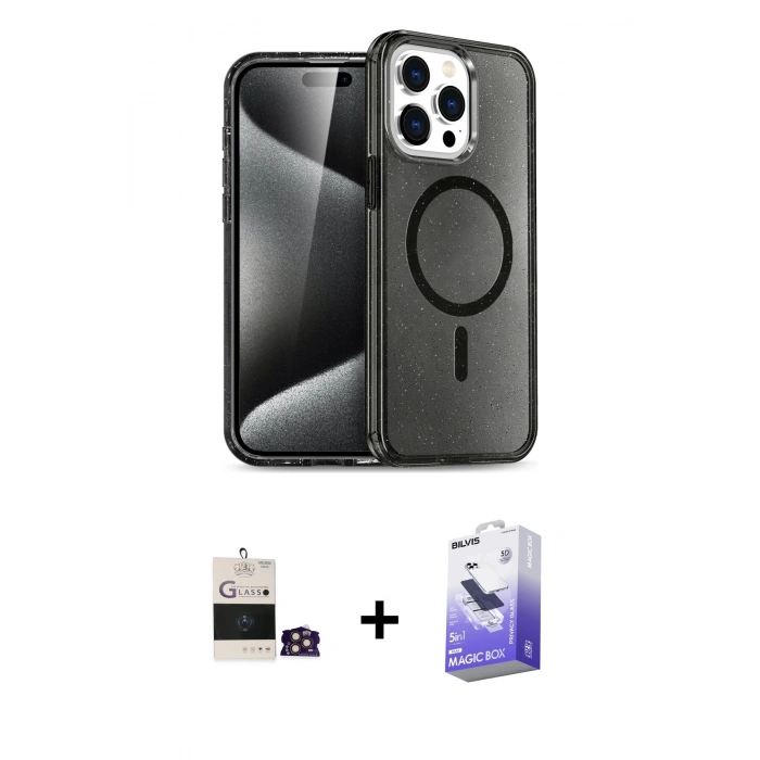 MARSİLYAN™- iPhone 14 Pro Max Kılıf Nova Asil Prime - Siyah Bilvis 5in1 5D Magic Hayalet Cam Ekran Koruyucu + Bilvis Titan Kamera Lens - GD