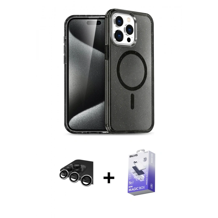 MARSİLYAN™- iPhone 14 Pro Max Kılıf Nova Asil Prime - Siyah Bilvis 5in1 5D Magic Hayalet Cam Ekran Koruyucu + Raze Metal Kamera Lens - GS