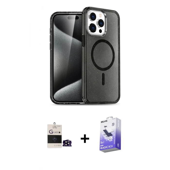 MARSİLYAN™- iPhone 14 Pro Max Kılıf Nova Asil Prime - Siyah Bilvis 5in1 5D Magic Hayalet Cam Ekran Koruyucu + Bilvis Titan Kamera Lens - SH