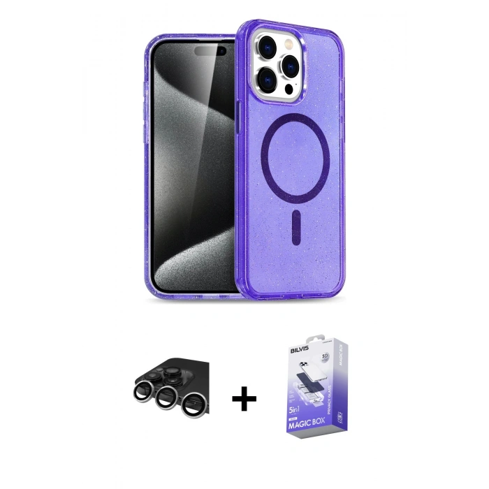 MARSİLYAN™- iPhone 14 Pro Max Kılıf Nova Asil Prime - Siyah Bilvis 5in1 5D Magic Hayalet Cam Ekran Koruyucu + Raze Metal Kamera Lens - GS