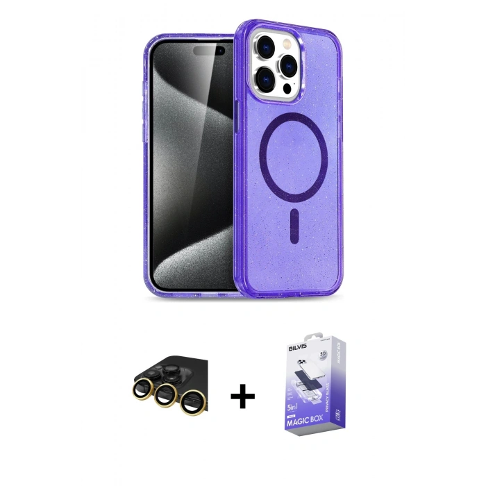 MARSİLYAN™- iPhone 14 Pro Max Kılıf Nova Asil Prime - Siyah Bilvis 5in1 5D Magic Hayalet Cam Ekran Koruyucu + Raze Metal Kamera Lens - GD