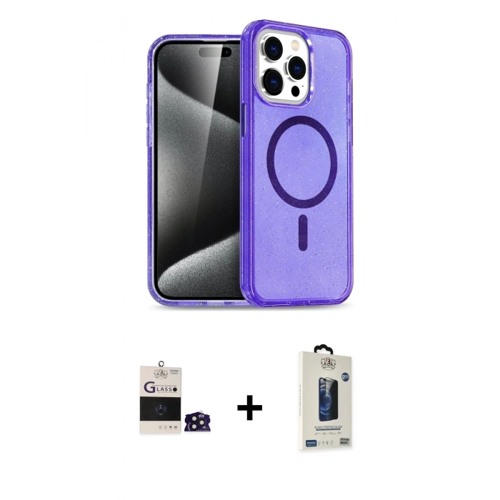 MARSİLYAN™- iPhone 14 Pro Max Kılıf Nova Asil Prime - Siyah Bilvis Hayalet Cam Ekran Koruyucu + Derin Mor Bilvis Titan Kamera Lens