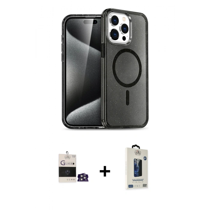 MARSİLYAN™- iPhone 14 Pro Max Kılıf Nova Asil Prime - Siyah Bilvis Hayalet Cam Ekran Koruyucu + Gümüş Bilvis Titan Kamera Lens