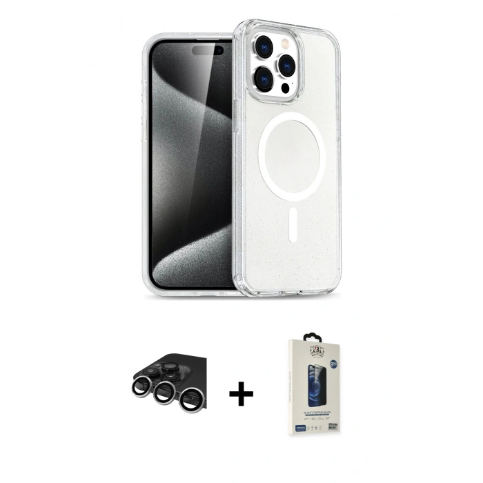 MARSİLYAN™- iPhone 14 Pro Max Kılıf Nova Asil Prime - Siyah Bilvis Hayalet Cam Ekran Koruyucu + Gümüş Raze Metal Kamera Lens