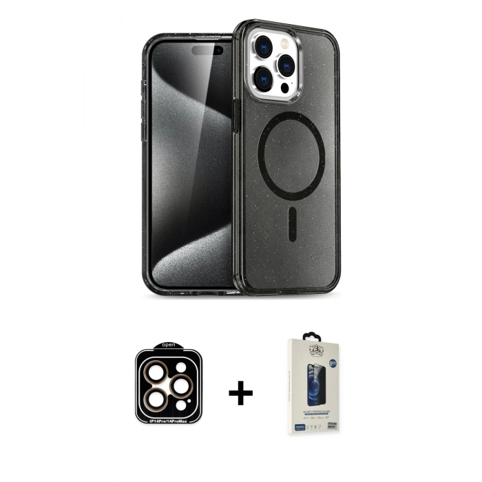MARSİLYAN™- iPhone 14 Pro Max Kılıf Nova Asil Prime - Siyah Bilvis Hayalet Cam Ekran Koruyucu + PVD Metal Kamera Lens - TU
