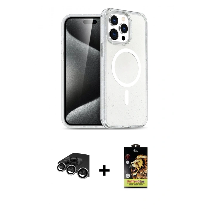 MARSİLYAN™- iPhone 14 Pro Max Kılıf Nova Asil Prime - Siyah Buffer Cam Ekran Koruyucu + Gümüş Raze Metal Kamera Lens
