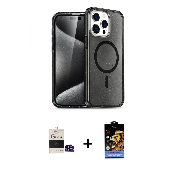 MARSİLYAN™- iPhone 14 Pro Max Kılıf Nova Asil Prime - Siyah Buffer Hayalet Cam Ekran Koruyucu + Bilvis Titan Kamera Lens - SH