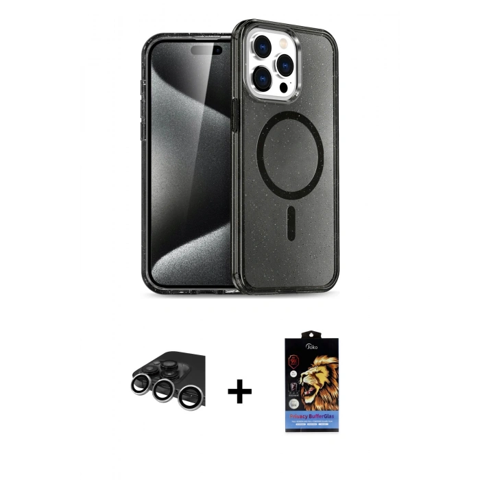 MARSİLYAN™- iPhone 14 Pro Max Kılıf Nova Asil Prime - Siyah Buffer Hayalet Cam Ekran Koruyucu + Raze Metal Kamera Lens - GS