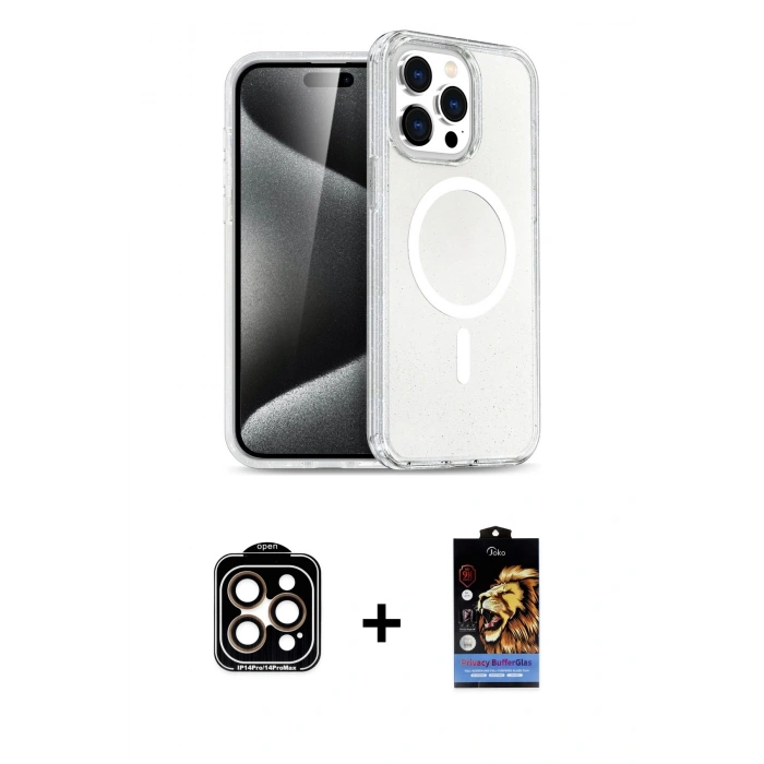 MARSİLYAN™- iPhone 14 Pro Max Kılıf Nova Asil Prime - Siyah Buffer Hayalet Cam Ekran Koruyucu + PVD Metal Kamera Lens - TU