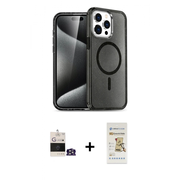 MARSİLYAN™- iPhone 14 Pro Max Kılıf Nova Asil Prime - Siyah Mat Seramik Nano Ekran Koruyucu + Bilvis Titan Kamera Lens - GS