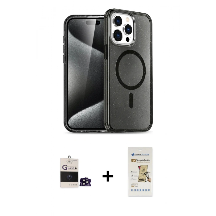 MARSİLYAN™- iPhone 14 Pro Max Kılıf Nova Asil Prime - Siyah Mat Seramik Nano Ekran Koruyucu + Bilvis Titan Kamera Lens - SH