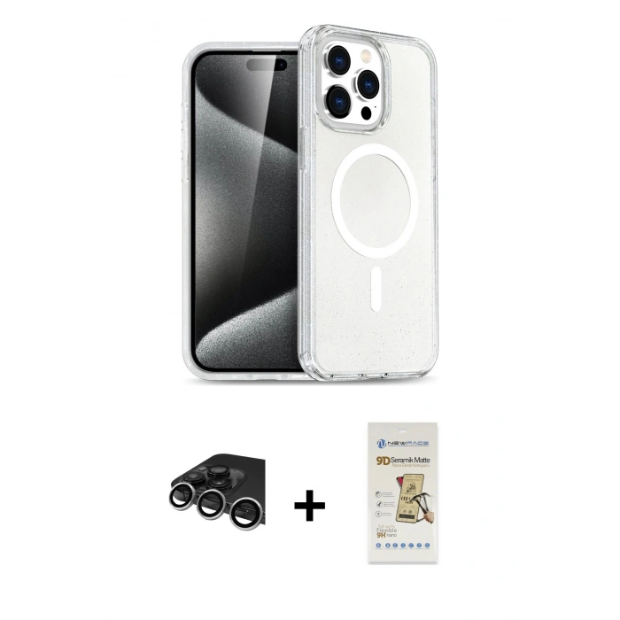 MARSİLYAN™- iPhone 14 Pro Max Kılıf Nova Asil Prime - Siyah Mat Seramik Nano Ekran Koruyucu + Gümüş Raze Metal Kamera Lens