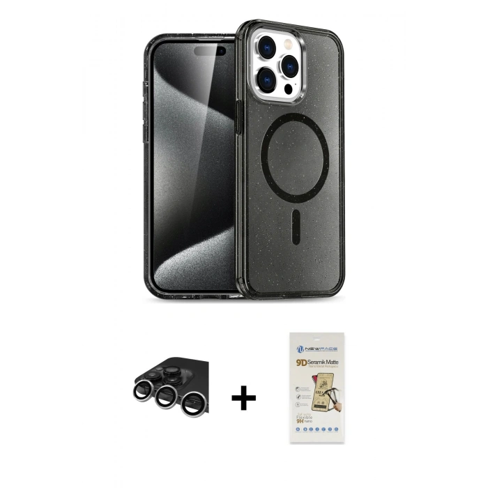 MARSİLYAN™- iPhone 14 Pro Max Kılıf Nova Asil Prime - Siyah Mat Seramik Nano Ekran Koruyucu + Gümüş Raze Metal Kamera Lens