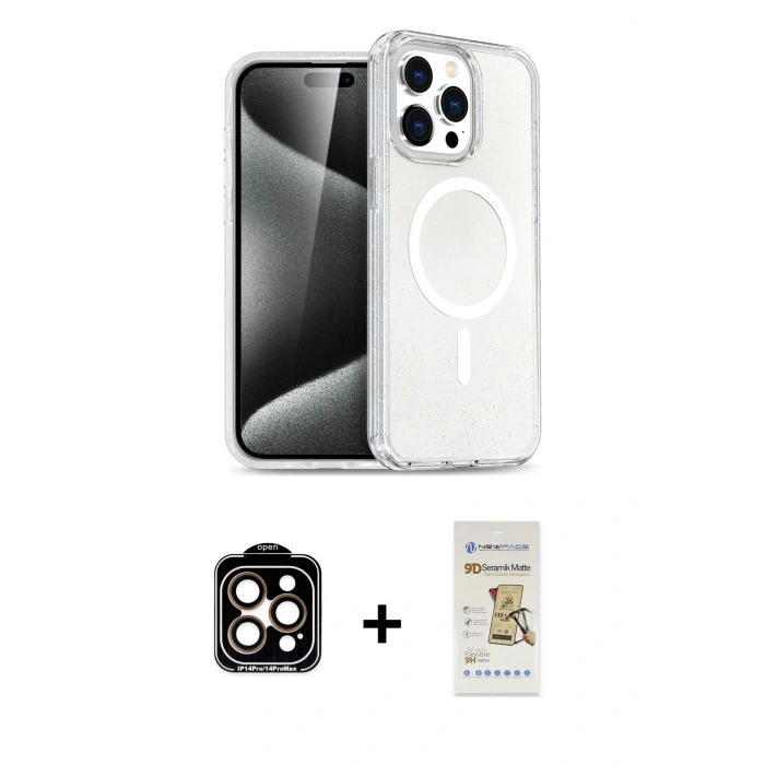 MARSİLYAN™- iPhone 14 Pro Max Kılıf Nova Asil Prime - Siyah Mat Seramik Nano Ekran Koruyucu + Turuncu PVD Metal Kamera Lens