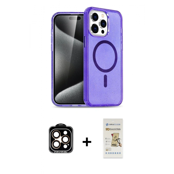 MARSİLYAN™- iPhone 14 Pro Max Kılıf Nova Asil Prime - Siyah Mat Seramik Nano Ekran Koruyucu + Turuncu PVD Metal Kamera Lens