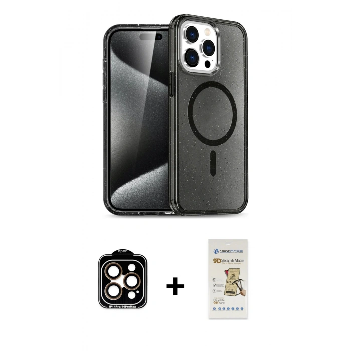 MARSİLYAN™- iPhone 14 Pro Max Kılıf Nova Asil Prime - Siyah Mat Seramik Nano Ekran Koruyucu + Turuncu PVD Metal Kamera Lens