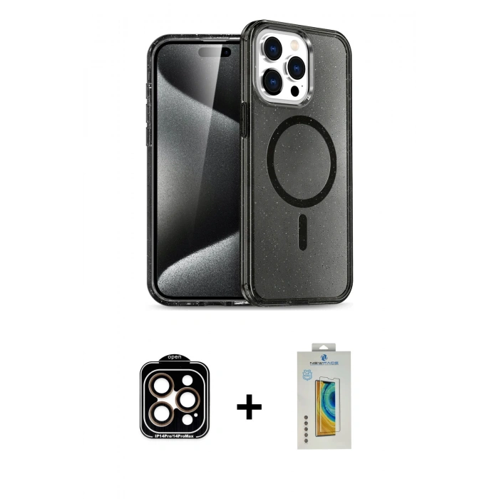 MARSİLYAN™- iPhone 14 Pro Max Kılıf Nova Asil Prime - Siyah Polymer Nano Ekran Koruyucu + PVD Metal Kamera Lens - TU