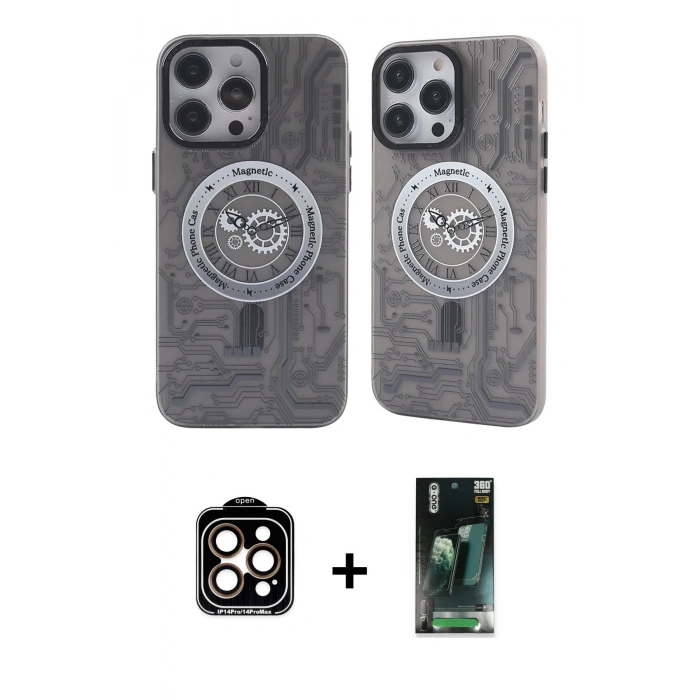 MARSİLYAN™- iPhone 14 Pro Max Kılıf Nova Doku Koleksiyonu - Şeffaf 360 Full Body Arka Koruyucu + PVD Metal Kamera Lens - TU
