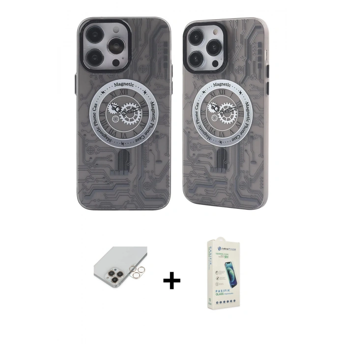 MARSİLYAN™- iPhone 14 Pro Max Kılıf Nova Doku Koleksiyonu - Şeffaf Pasifik Cam Ekran Koruyucu + Band Metal Kamera Lens - GD