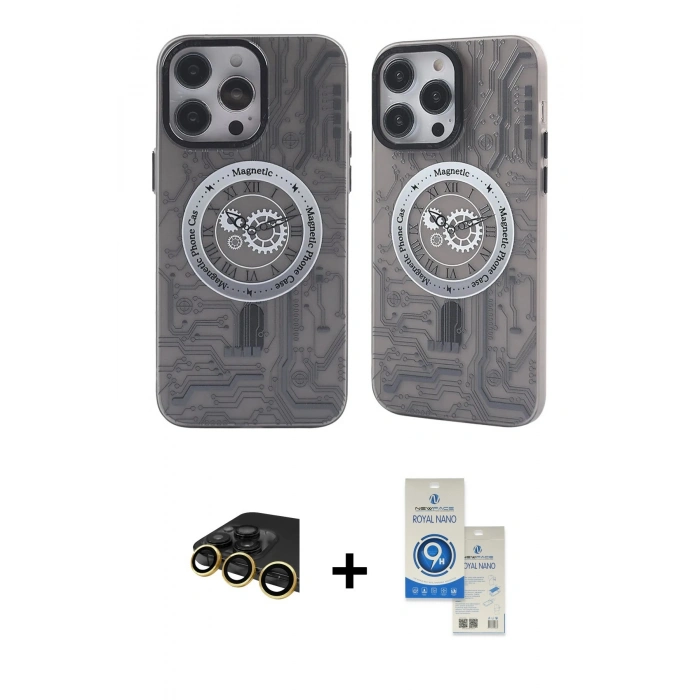 MARSİLYAN™- iPhone 14 Pro Max Kılıf Nova Doku Koleksiyonu - Şeffaf Royal Nano Ekran Koruyucu + Raze Metal Kamera Lens - GD