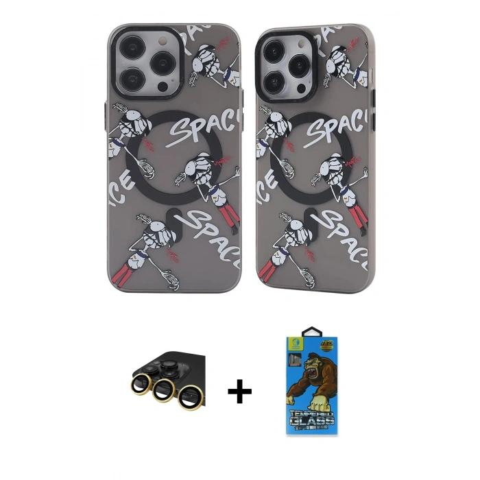MARSİLYAN™- iPhone 14 Pro Max Kılıf Nova Doku Koleksiyonu - Siyah 18D Cam Ekran Koruyucu + Raze Metal Kamera Lens - GD
