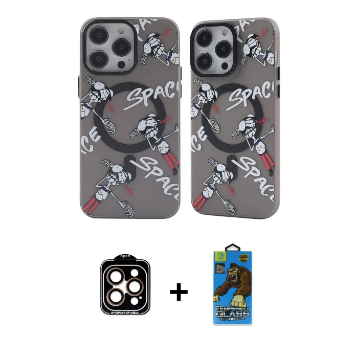 MARSİLYAN™- iPhone 14 Pro Max Kılıf Nova Doku Koleksiyonu - Siyah 18D Cam Ekran Koruyucu + PVD Metal Kamera Lens - TU