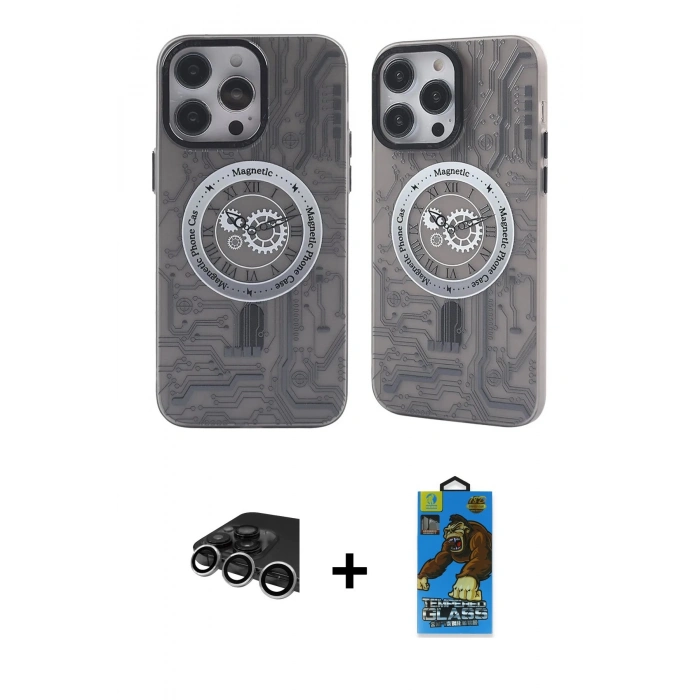 MARSİLYAN™- iPhone 14 Pro Max Kılıf Nova Doku Koleksiyonu - Siyah 18D Cam Ekran Koruyucu + Raze Metal Kamera Lens - GS