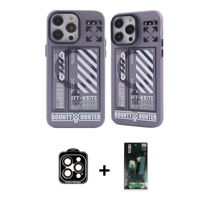 MARSİLYAN™- iPhone 14 Pro Max Kılıf Nova Doku Koleksiyonu - Siyah 360 Mat Full Body Arka Koruyucu + Turuncu PVD Metal Kamera Lens