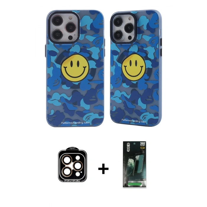 MARSİLYAN™- iPhone 14 Pro Max Kılıf Nova Doku Koleksiyonu - Siyah 360 Mat Full Body Arka Koruyucu + Turuncu PVD Metal Kamera Lens