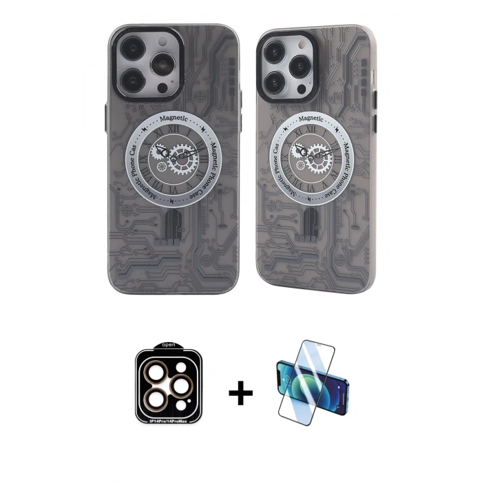 MARSİLYAN™- iPhone 14 Pro Max Kılıf Nova Doku Koleksiyonu - Siyah 3D Antistatik Cam Ekran Koruyucu + PVD Metal Kamera Lens - TU