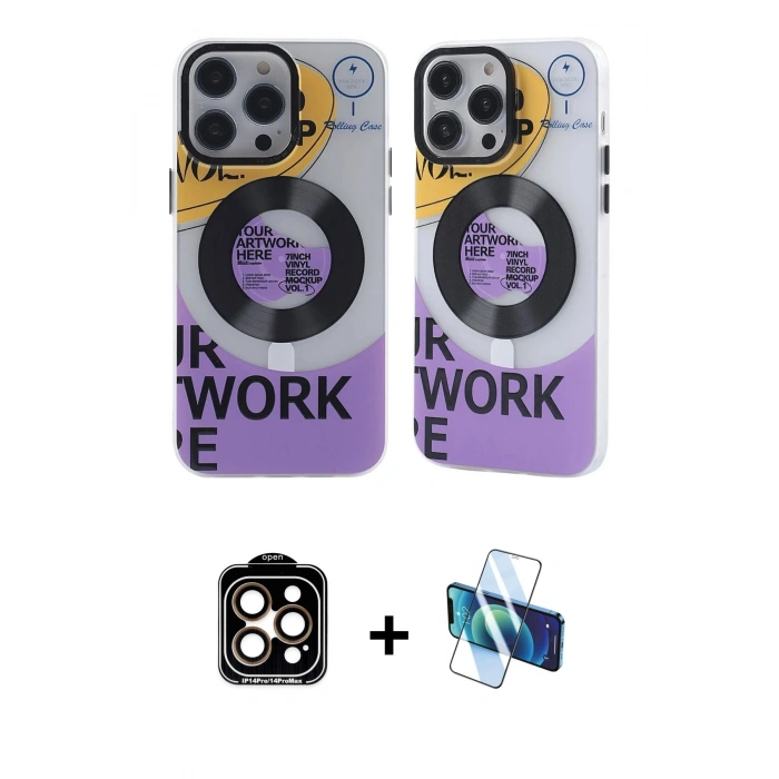 MARSİLYAN™- iPhone 14 Pro Max Kılıf Nova Doku Koleksiyonu - Siyah 3D Antistatik Cam Ekran Koruyucu + PVD Metal Kamera Lens - TU