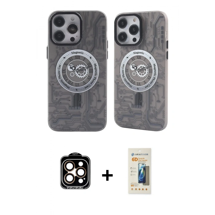 MARSİLYAN™- iPhone 14 Pro Max Kılıf Nova Doku Koleksiyonu - Siyah 6D Mat Seramik Hayalet Nano Ekran Koruyucu + PVD Metal Kamera Lens - TU