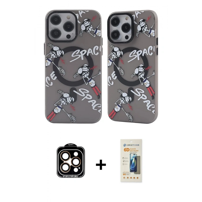 MARSİLYAN™- iPhone 14 Pro Max Kılıf Nova Doku Koleksiyonu - Siyah 6D Mat Seramik Hayalet Nano Ekran Koruyucu + PVD Metal Kamera Lens - TU
