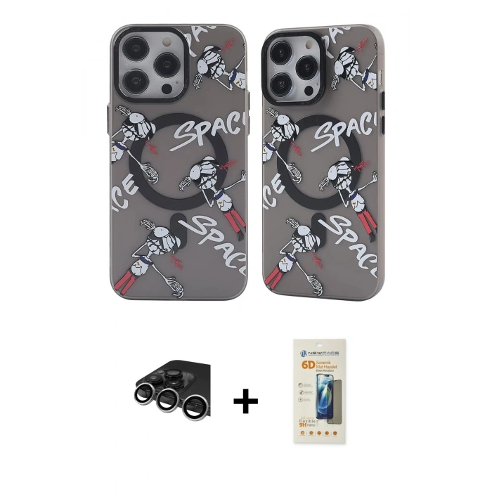 MARSİLYAN™- iPhone 14 Pro Max Kılıf Nova Doku Koleksiyonu - Siyah 6D Mat Seramik Hayalet Nano Ekran Koruyucu + Raze Metal Kamera Lens - GS