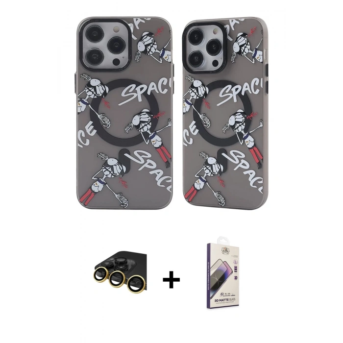 MARSİLYAN™- iPhone 14 Pro Max Kılıf Nova Doku Koleksiyonu - Siyah Bilvis 3D Mat Cam Ekran Koruyucu + Raze Metal Kamera Lens - GD