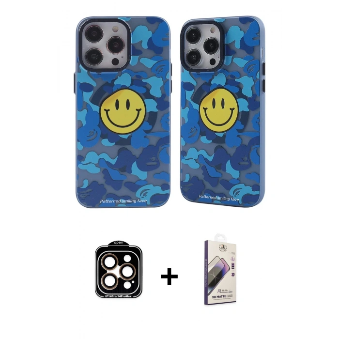 MARSİLYAN™- iPhone 14 Pro Max Kılıf Nova Doku Koleksiyonu - Siyah Bilvis 3D Mat Cam Ekran Koruyucu + Turuncu PVD Metal Kamera Lens
