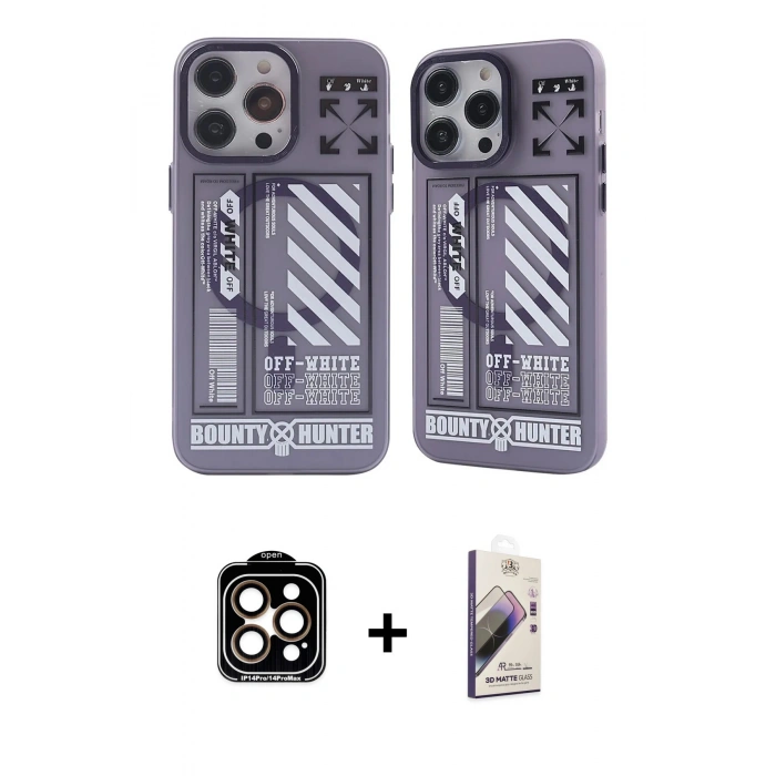 MARSİLYAN™- iPhone 14 Pro Max Kılıf Nova Doku Koleksiyonu - Siyah Bilvis 3D Mat Cam Ekran Koruyucu + Turuncu PVD Metal Kamera Lens