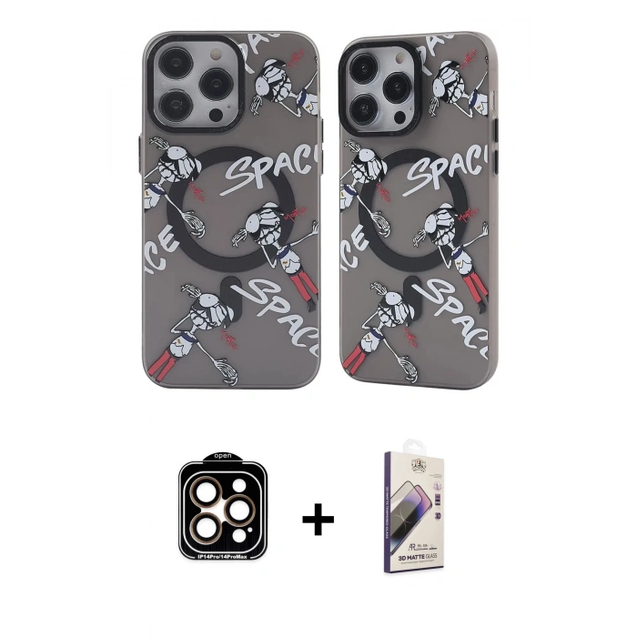 MARSİLYAN™- iPhone 14 Pro Max Kılıf Nova Doku Koleksiyonu - Siyah Bilvis 3D Mat Cam Ekran Koruyucu + Turuncu PVD Metal Kamera Lens