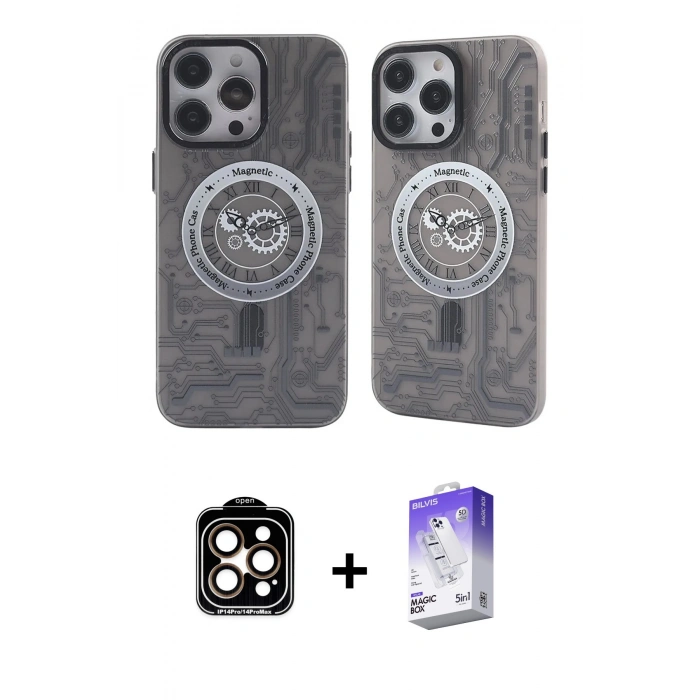 MARSİLYAN™- iPhone 14 Pro Max Kılıf Nova Doku Koleksiyonu - Siyah Bilvis 5in1 3D Magic Cam Ekran Koruyucu + PVD Metal Kamera Lens - TU