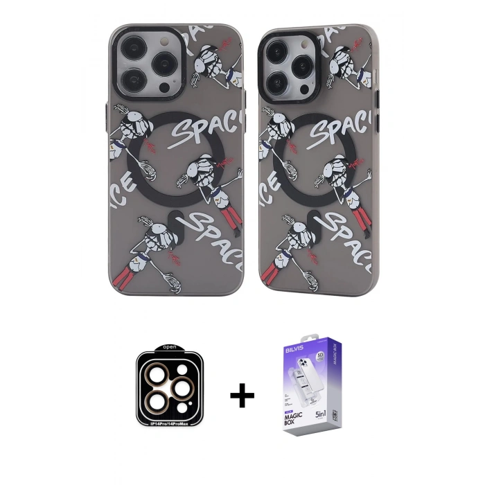 MARSİLYAN™- iPhone 14 Pro Max Kılıf Nova Doku Koleksiyonu - Siyah Bilvis 5in1 3D Magic Cam Ekran Koruyucu + PVD Metal Kamera Lens - TU