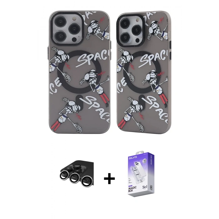MARSİLYAN™- iPhone 14 Pro Max Kılıf Nova Doku Koleksiyonu - Siyah Bilvis 5in1 3D Magic Cam Ekran Koruyucu + Raze Metal Kamera Lens - GS