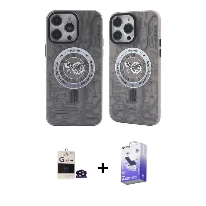 MARSİLYAN™- iPhone 14 Pro Max Kılıf Nova Doku Koleksiyonu - Siyah Bilvis 5in1 5D Magic Hayalet Cam Ekran Koruyucu + Bilvis Titan Kamera Lens - DNMR