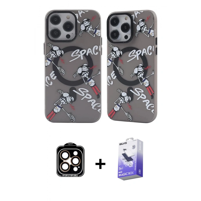 MARSİLYAN™- iPhone 14 Pro Max Kılıf Nova Doku Koleksiyonu - Siyah Bilvis 5in1 5D Magic Hayalet Cam Ekran Koruyucu + Turuncu PVD Metal Kamera Lens
