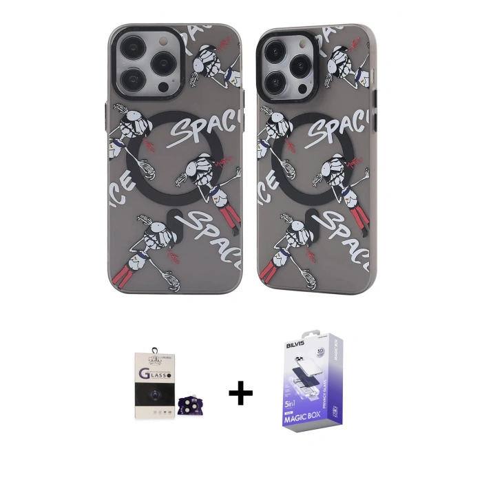 MARSİLYAN™- iPhone 14 Pro Max Kılıf Nova Doku Koleksiyonu - Siyah Bilvis 5in1 5D Magic Hayalet Cam Ekran Koruyucu + Bilvis Titan Kamera Lens - SH