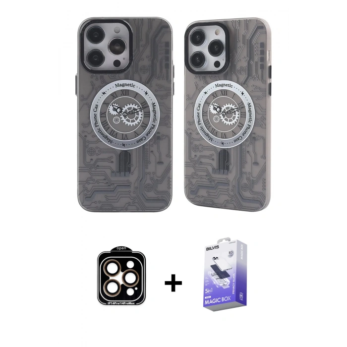 MARSİLYAN™- iPhone 14 Pro Max Kılıf Nova Doku Koleksiyonu - Siyah Bilvis 5in1 5D Magic Hayalet Cam Ekran Koruyucu + PVD Metal Kamera Lens - TU