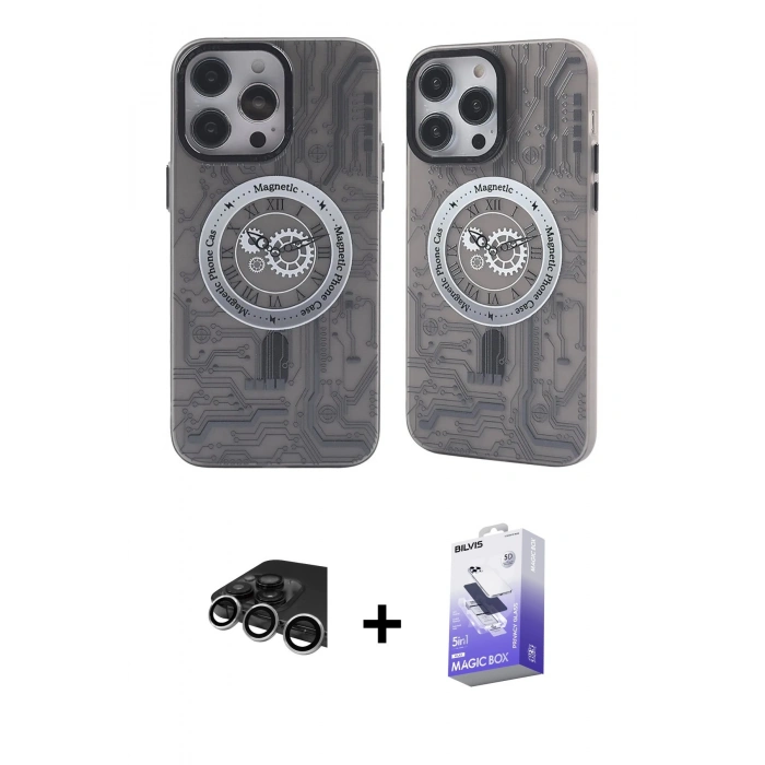 MARSİLYAN™- iPhone 14 Pro Max Kılıf Nova Doku Koleksiyonu - Siyah Bilvis 5in1 5D Magic Hayalet Cam Ekran Koruyucu + Raze Metal Kamera Lens - GS